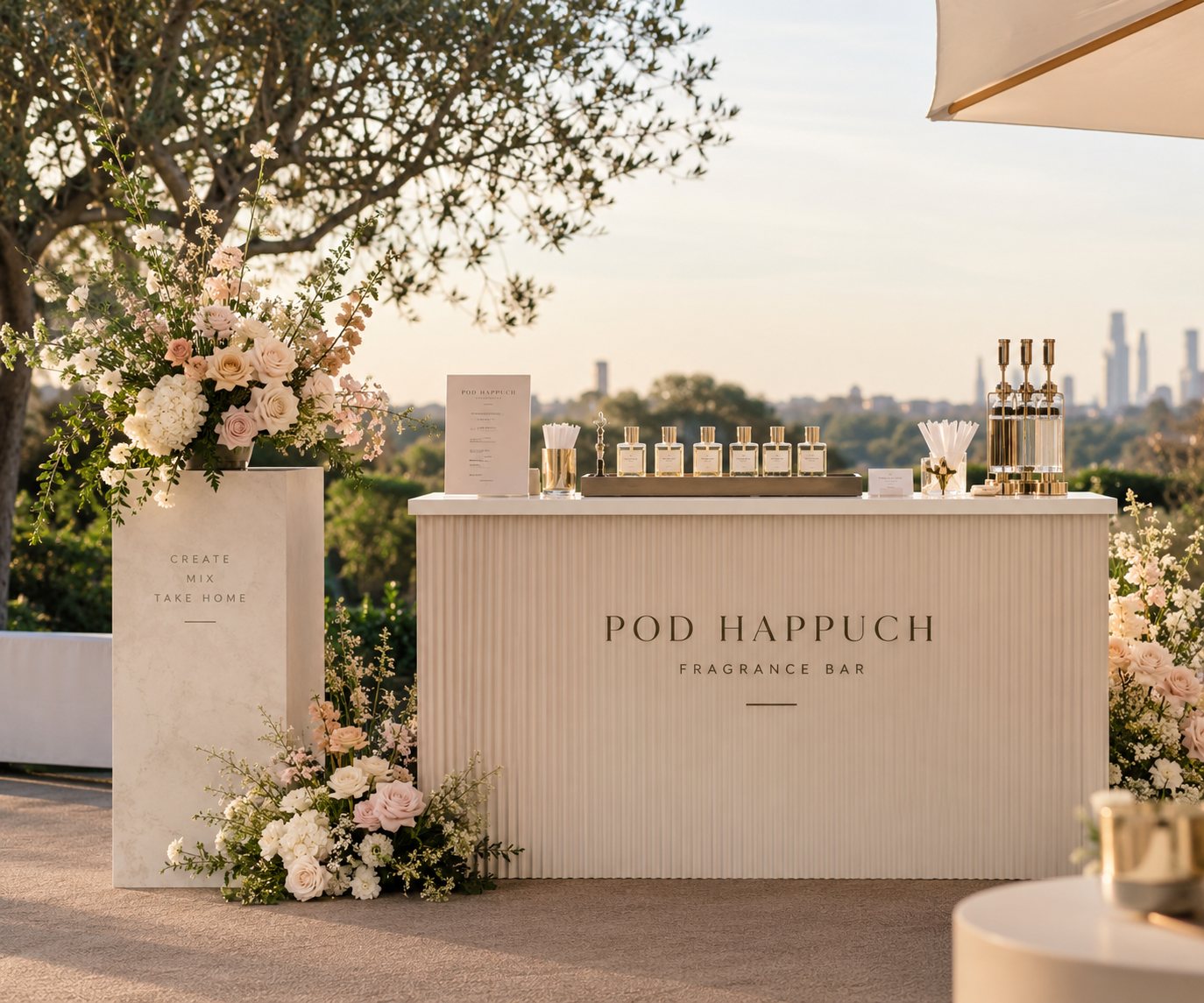An outdoor POD HAPPUCH Fragrance Bar setup, styled with florals and bottled fragrances at golden hour.